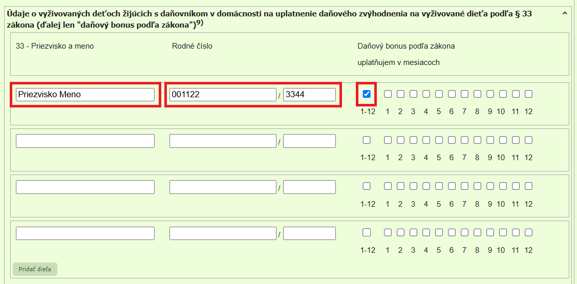 Ako zapísať a získať daňový bonus za vyživované dieťa alebo deti do daňového priznania