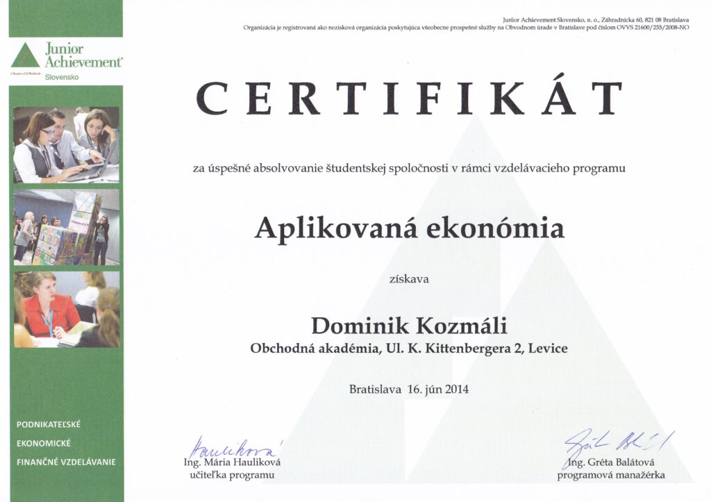 Certifikát Aplikovaná ekonómia Dominik Kozmáli kozmali.sk referencie ocenenia a certifikáty