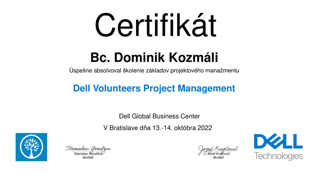 Certifikát DELL o školení základov projektového manažmentu dominik kozmáli referencie ocenenia a certifikáty kozmail.sk