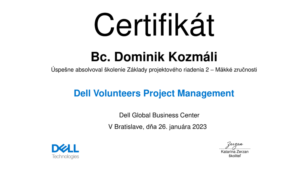 Certifikát DELL o školení základov projektového riadenia - soft skills dominik_kozmali kozmali.sk referencie.png