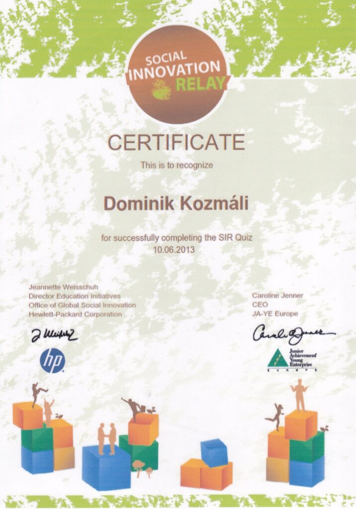 Certifikát Social Innovation Relay Dominik Kozmáli kozmali.sk referencie ocenenia a certifikáty