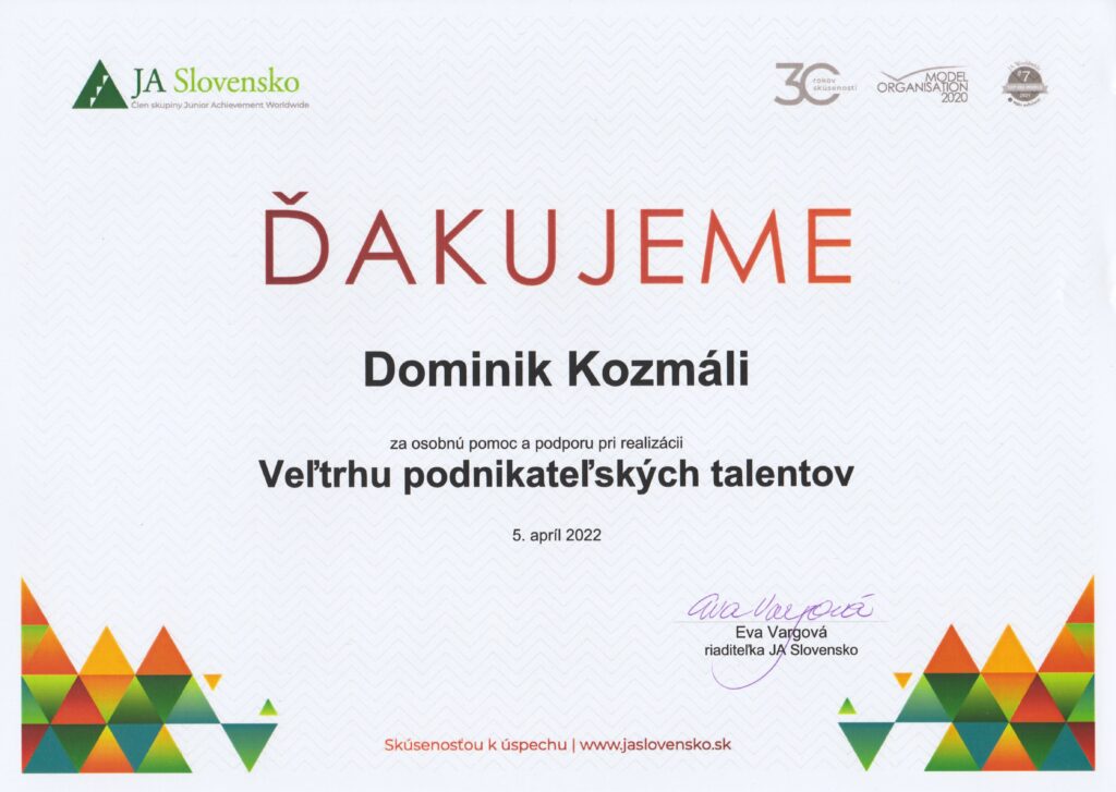 Ďakujeme JA Slovensko Dominik Kozmáli referencie ocenenia a certifikáty kozmail.sk