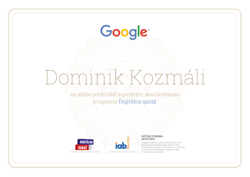 Google certifikát programu Digitálna garáž Dominik Kozmáli referencie ocenenia a certifikáty kozmail.sk