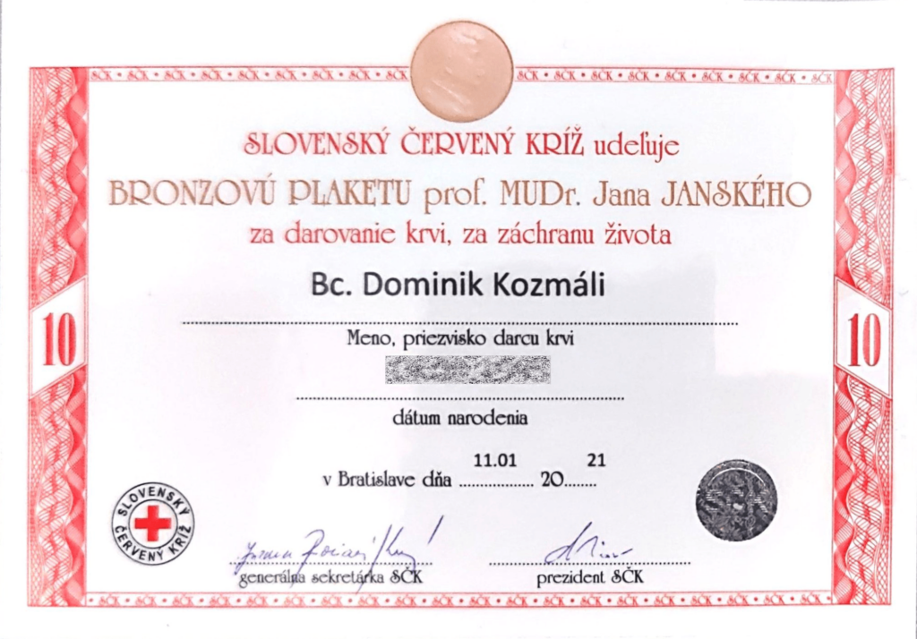 Dominik Kozmáli bronzová jánskeho plaketa SČK kozmali.sk referencie ocenenia a certifikáty