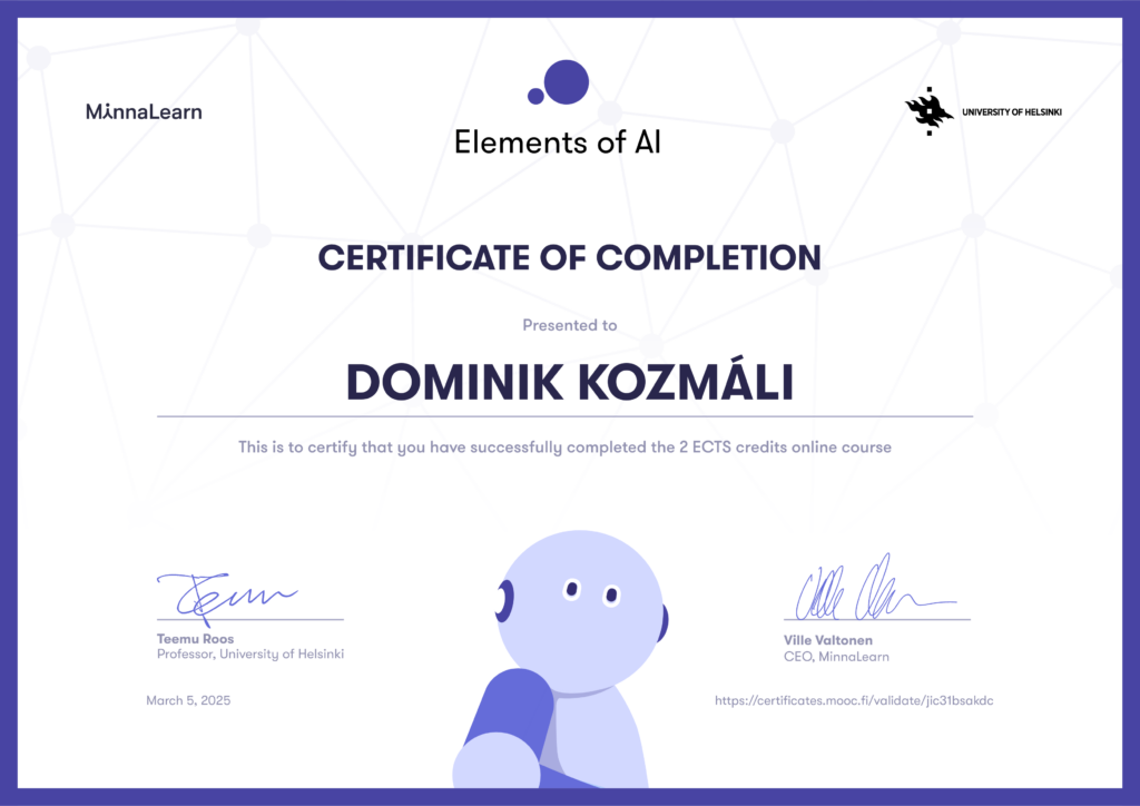 Elements of AI Certificate of completion Dominik Kozmáli referencie ocenenia a certifikáty kozmail.sk