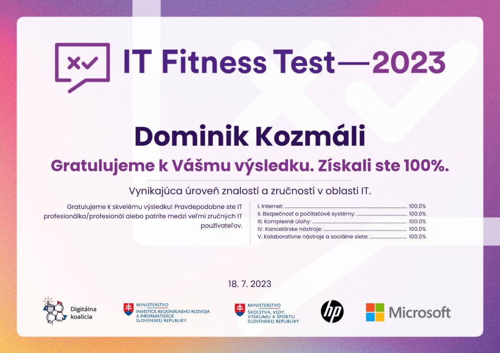 IT FITNESS TEST 2023  certifikát Dominik Kozmáli referencie ocenenia a certifikáty kozmail.sk.png