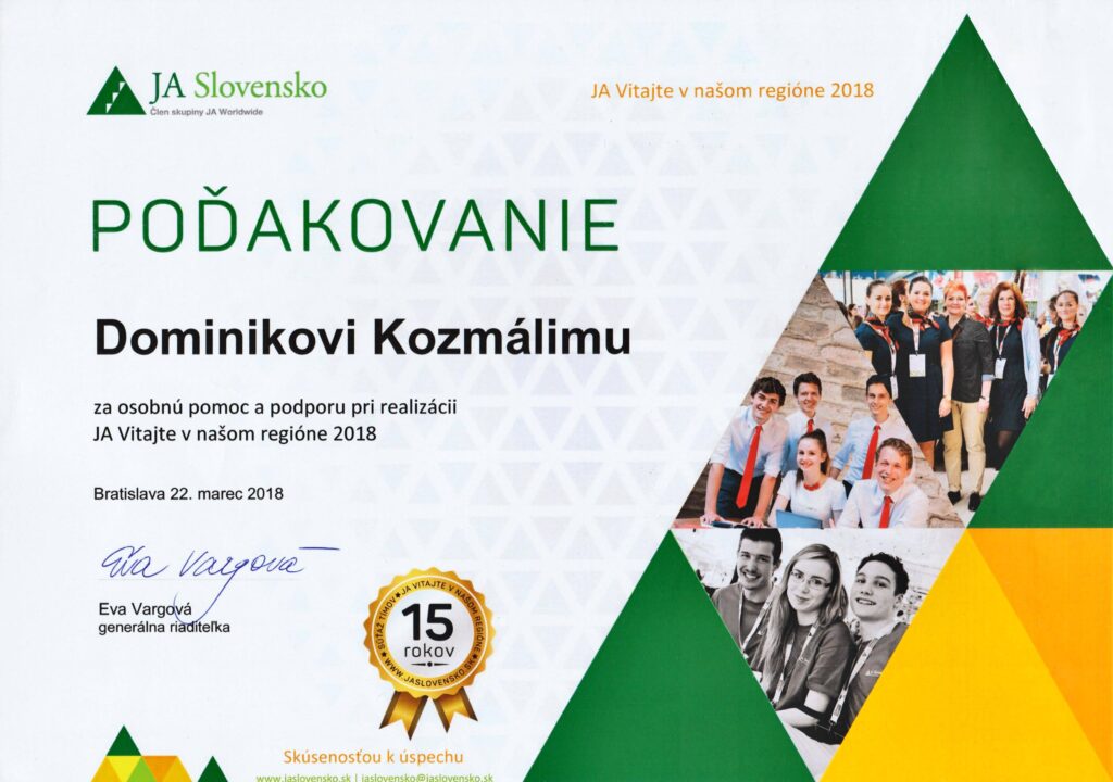 JA Slovensko Poďakovanie Dominik Kozmáli referencie ocenenia a certifikáty kozmail.sk