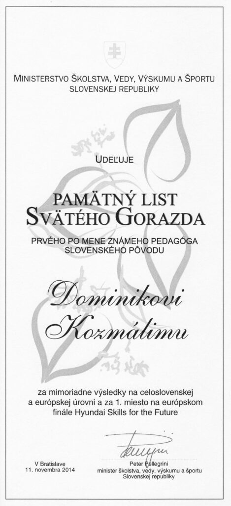 Pamätný list sv. Gorazda Dominikovi Kozmálimu kozmali.sk referencie ocenenia a certifikáty