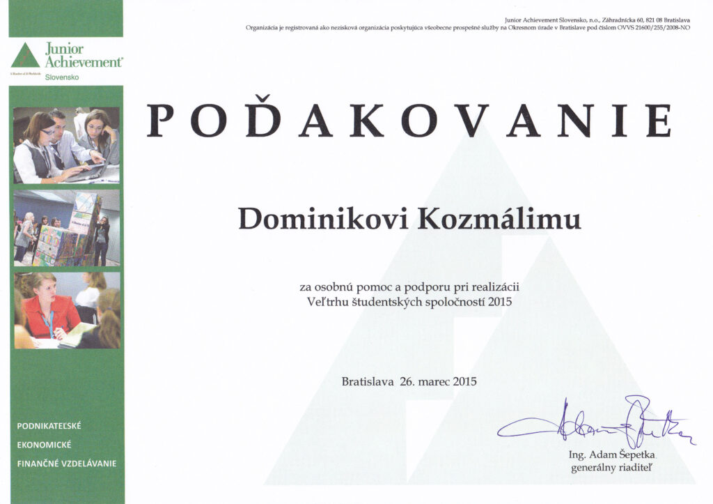 Poďakovanie Junior Achievement Slovensko Dominik Kozmáli referencie ocenenia a certifikáty kozmail.sk