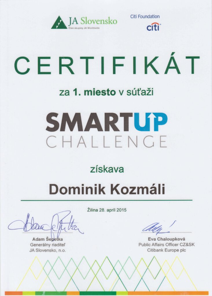 SMARTUP challenge Dominik Kozmáli JA Slovensko referencie certifikáty a ocenenia